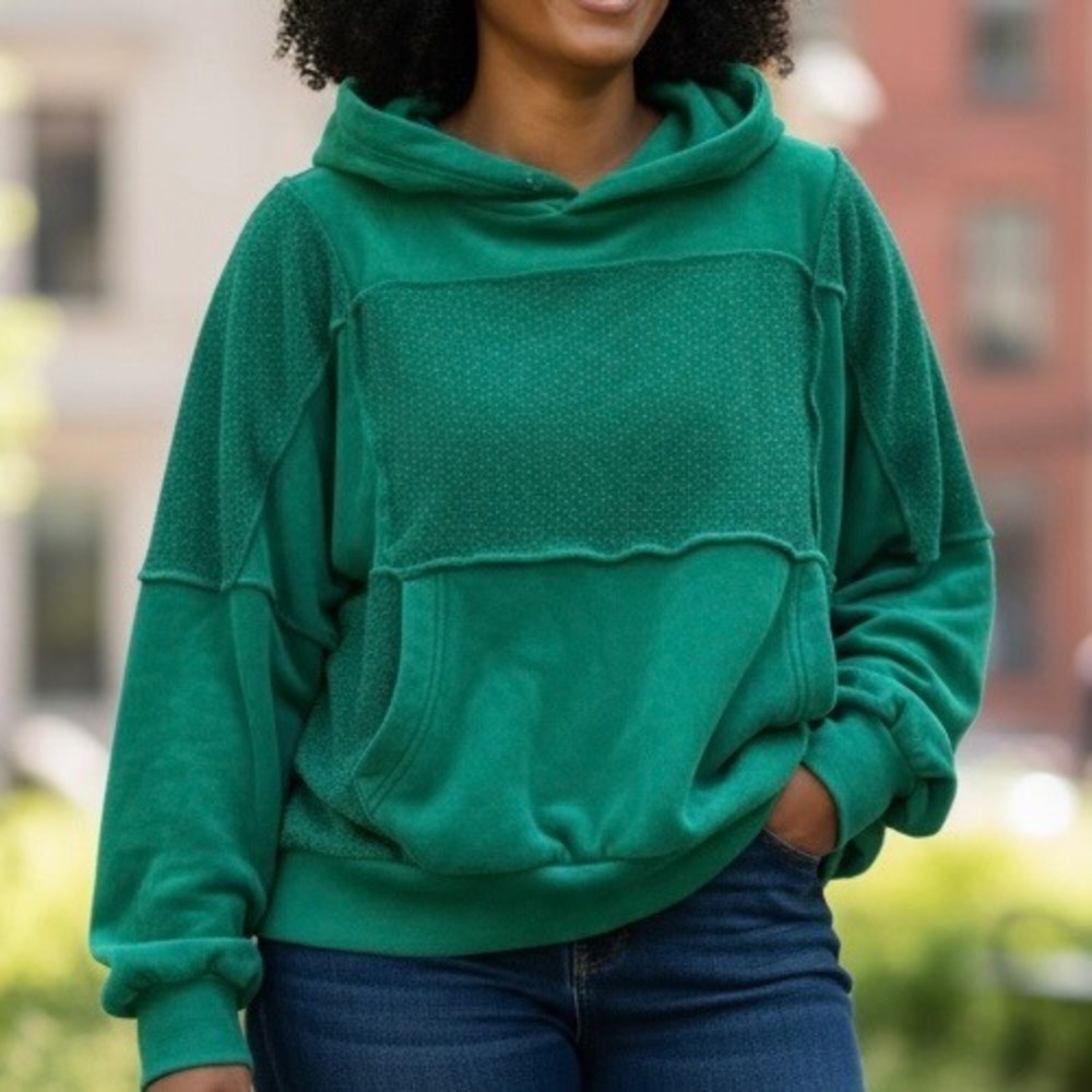 Aerie Green Mixed‎ Media Textured Panel Raw Edge Hoodie Sweatshirt Small Y2K